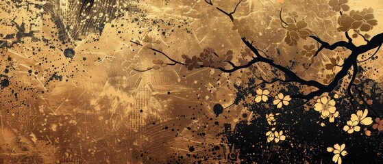 Wall Mural - Modern Japanese background with floral branch. Vintage brush stroke decoration. Black and gold texture.