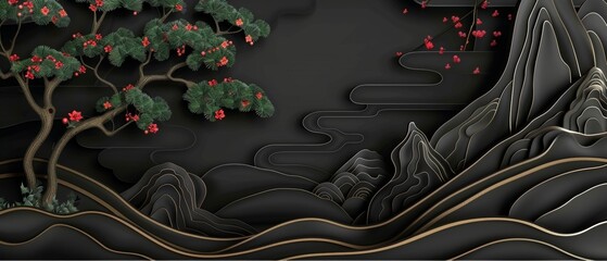 Wall Mural - An abstract landscape with Japanese wave pattern modern banner. This is a vintage invitation card template with oriental traditional iconography and geometric shapes.