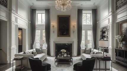 A luxurious living room in mansion house, with tall ceilings and a grand chandelier, white walls with black velvet drapes, a large modern fireplace, a grey sofa and armchairs. Generative AI.