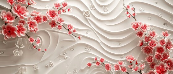 Wall Mural - The cherry blossom template background has a Japanese-style pattern of flowers and waves.
