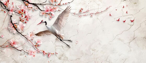 Wall Mural - Vintage design Crane birds and art natural landscape background with pink watercolor texture. Cherry blossoms flower decoration on branch.