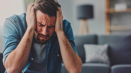 Wall Mural - depression, depressed man, in distress, holding his head with his hands, sitting in an indoor setting, showing signs of stress or anxiety. The background is blurred with contemporary decor