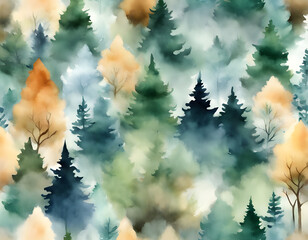 Wall Mural - seamless pattern of misty forest hand painted watercolor illustration