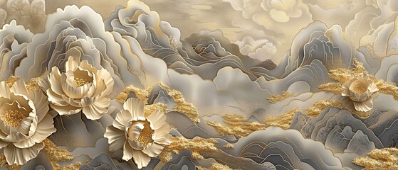 Wall Mural - The background of this abstract banner design is a Japanese background with hand-drawn peony flower gold texture, surrounded by hand-drawn Chinese cloud decorations.