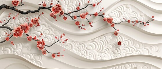 Wall Mural - Modern cherry blossom ornament with Japanese pattern on wave background. Flower and pine tree icons.