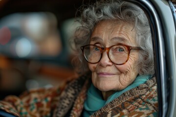 A joyful elderly woman with gray hair, wearing large glasses and a colorful scarf, is sitting in the driver's seat of a vintage car, smiling warmly at the camera.