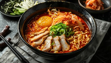 Wall Mural - Asian style noodles with pork in kimchi soup Korean influence