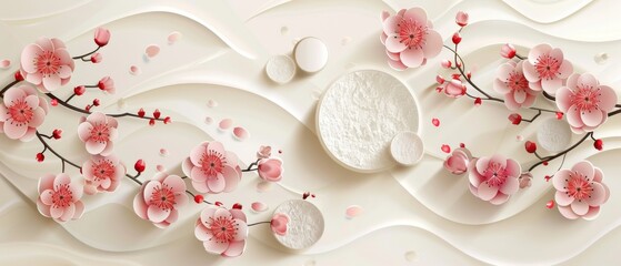 Wall Mural - Modern cherry blossom flower template. Japanese pattern background. Shaped backdrop set in circle shape.