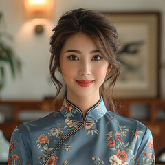 Poster - A young lady, dressing cyan cheongsam, clean and tidy hairstyle, smiling lightly at the camera in an interview room. Generative AI.