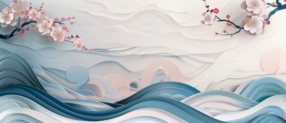Poster - A banner with a Japanese wave pattern modern. Flower elements with geometric backgrounds. Brush strokes for the banner.