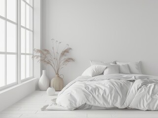 Poster - The bedroom is bright and white with a wooded floor and bare walls. It has a white bed set, and the room is well lit by sunlight.