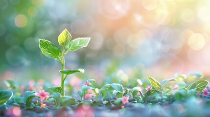 Canvas Print - Blurry background with young plant outdoors panoramic view empty space