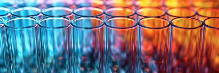 Poster - Close up of many colorful science laboratory test tubes, lab equipment for research new medical background. Generative AI.