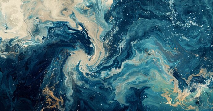 Flowing watercolor paint background with golden glitter in a deep blue color. Luxury background idea.