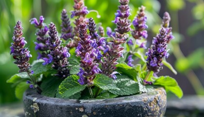 Wall Mural - Clary sage flowers in a mortar Herbal elixirs or medicines made from medicinal plants Alternative medicine Organic aroma oil bottle Blurred focus