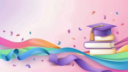 Colorful Children’s Diploma or Certificate Border with Graduation Cap and Books