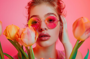 Wall Mural - A beautiful girl in sunglasses holds tulips on the coral pink background