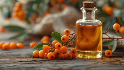 Poster - Closeup of sea buckthorn oil in a glass bottle with fresh berries on a rustic wooden background embodying natural cosmetics and naturopathy