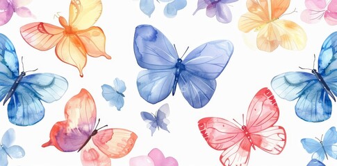 Wall Mural - Watercolor Pattern with Blooming Flowers and Flying Butterflies. Background for Fabric, Textile, Print and Invitation.