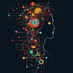 Wall Mural - A colorful drawing of a woman's face with many dots and circles. The image is abstract and has a futuristic feel to it