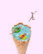 © master1305 - Girls enjoying in swimming pool forming ice cream cone, dicing, swimming, sunbathing, Relaxing atmosphere. Contemporary art collage. Concept of summer, vacation, holiday, surrealism