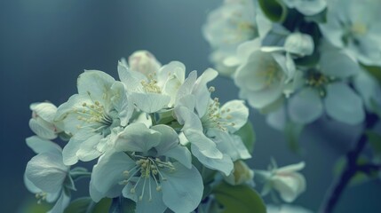 Wall Mural - Close up shot of pale apple blossoms with nature in the background