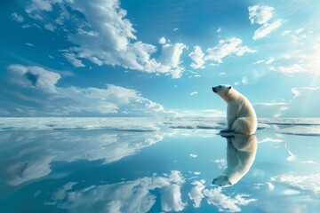 a white polar bear rests on a melting ice floe glacier at the arctic sea facing climate change and p