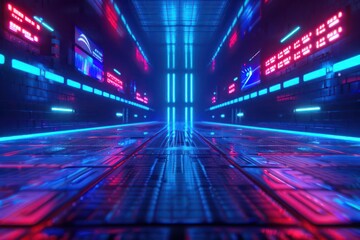 A conceptual cyber sports arena surrounded by digital advertisements and floating holograms, perfect for a techthemed banner with ample copy space