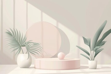 Poster - An artistic rendering of a pastel green minimal background with podium stand for cosmetic products. A clean design with a clean stage platform for presenting cosmetic products and advertising.