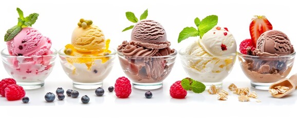 Wall Mural - A set of ice-cream balls and sweet waffles with berries in bowls isolated on a white background, dessert sweet waffles and various kinds of ice-cream.