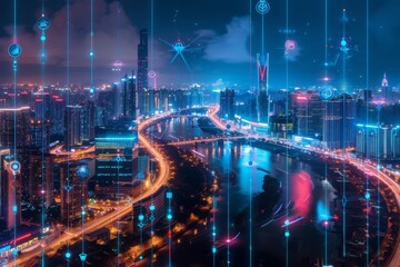 Poster - Smart modern mega city with digital glowing light reflection, neon technology background, Night life Smart futuristic city concept with big data technology.