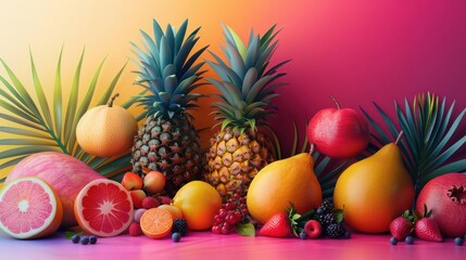 Tropical fruits arranged in geometric patterns with a holographic background