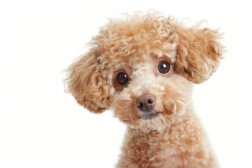 Wall Mural - An adorable fluffy portrait smile of a puppy dog Poodle looking at the camera isolated on a clear PNG background, a funny moment, lovely dog and pet concept.