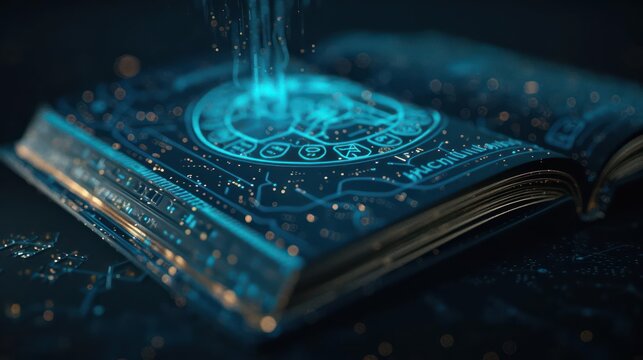 A detailed illustration of a spellbook with digital runes and virtual incantations, ideal for a cyber magic banner with space for copy