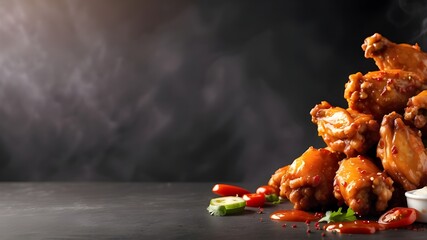 Wall Mural - A commercial marketing menu banner with copy space, featuring hot, freshly made chicken boneless wings in buffalo barbecue or a spicy sauce with flying ingredients and spices can be served immediately