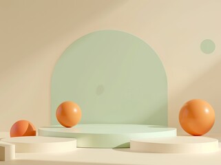 Poster - Decorative podium stand with pastel color arches. Minimal geometric vacant platform for mock up and presentation. Abstract background for commercial and cosmetic ads.