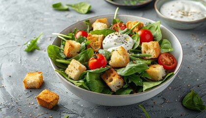 Wall Mural - Fresh salad with spinach tomatoes croutons and cream dressing on a stone surface