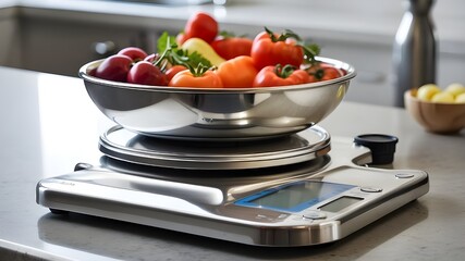 Canvas Print - general style or a chrome metallic food scale at the kitchen counter for notions related to diet control, recipe accuracy, or weight control