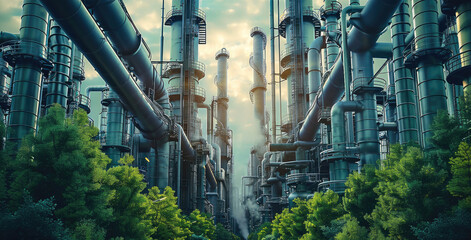 Poster - An oil refinery with pipes against the sky, in the style of light gray and light blue, green trees growing out of the pipes. Generative AI.