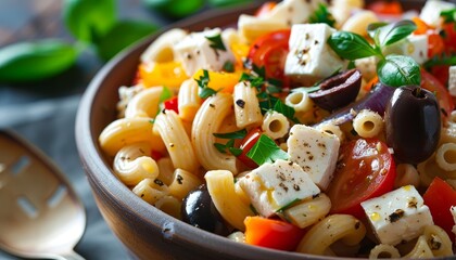 Poster - Healthy Greek summer dish made with macaroni feta and olives