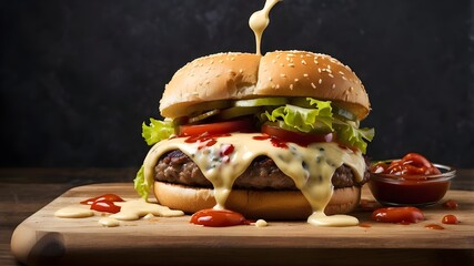 Wall Mural - A traditional cheeseburger splattered with copyspace and oozing with ketchup and mayonnaise sauce on a board or wall.