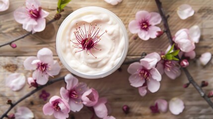 Wall Mural - Japanese cherry blossom infused natural facial cream on wooden surface