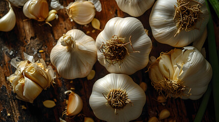 Canvas Print - fresh garlic Top down view background poster 