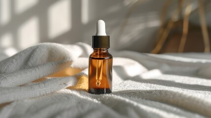 Wall Mural - Mock up of amber glass serum oil dropper bottle on white towel in daylight