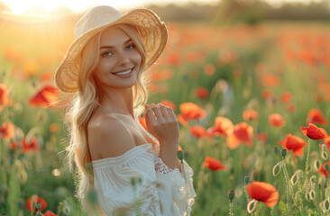 Wall Mural - A beautiful woman in a white dress and straw hat is smiling while holding back her hair with one hand, standing against a background of tulip fields