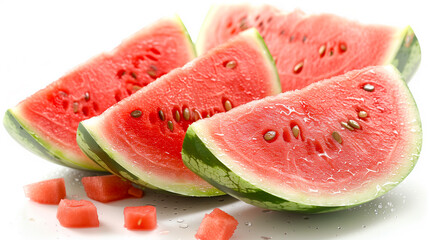 Close-up of juicy watermelon slices with vibrant red flesh and green rind, showcasing freshness and summer vibes.