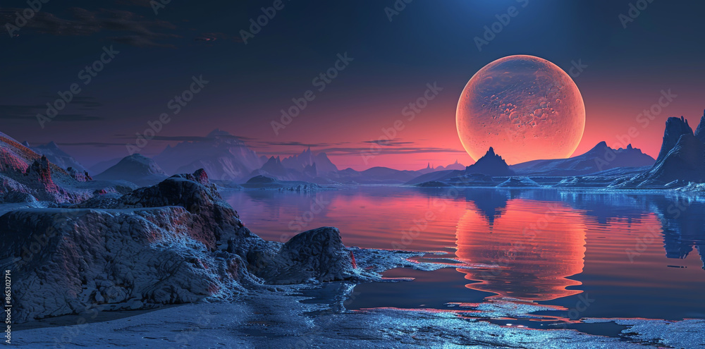 Alien planet landscape with a huge moon, red glowing sky and dark rocky ...