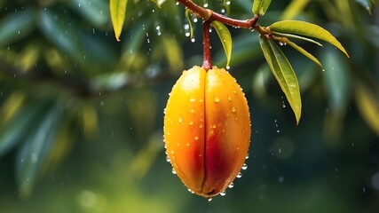 Wall Mural - a close-up, micro image of a fresh mango fruit hanging on a tree with water droplets forming a broad banner with space for copy.