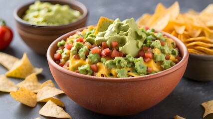 Canvas Print - Separated bowl filled with cheese salsa, guacamole dip, and nacho chips