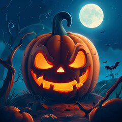 Wall Mural - Glowing jack-o'-lantern under full moon
